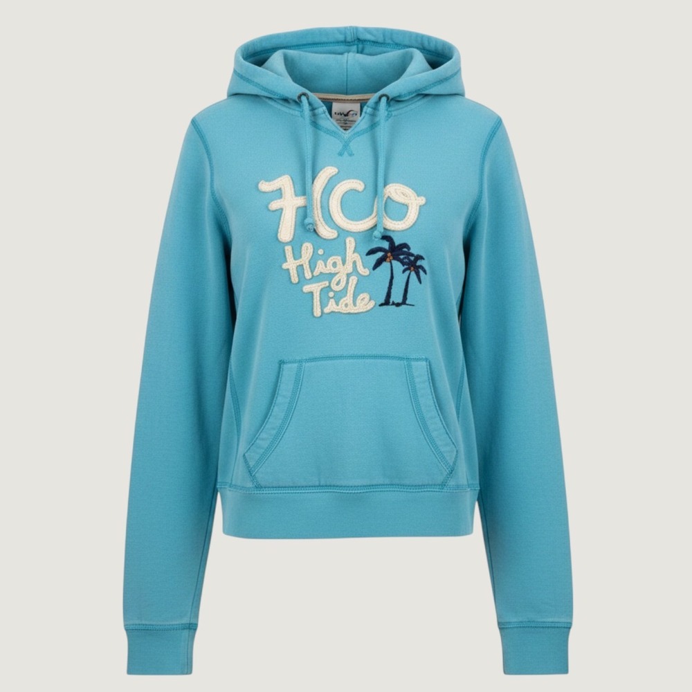 Vintage Y2K Hollister Hoodie Blue Cream‎ High Tide Palm Tree Graphic Applique M